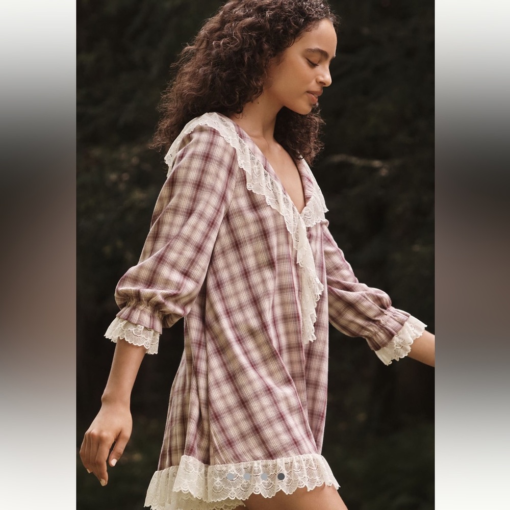 Anthropologie Plaid Lace-Trimmed Romper - Purple and Cream